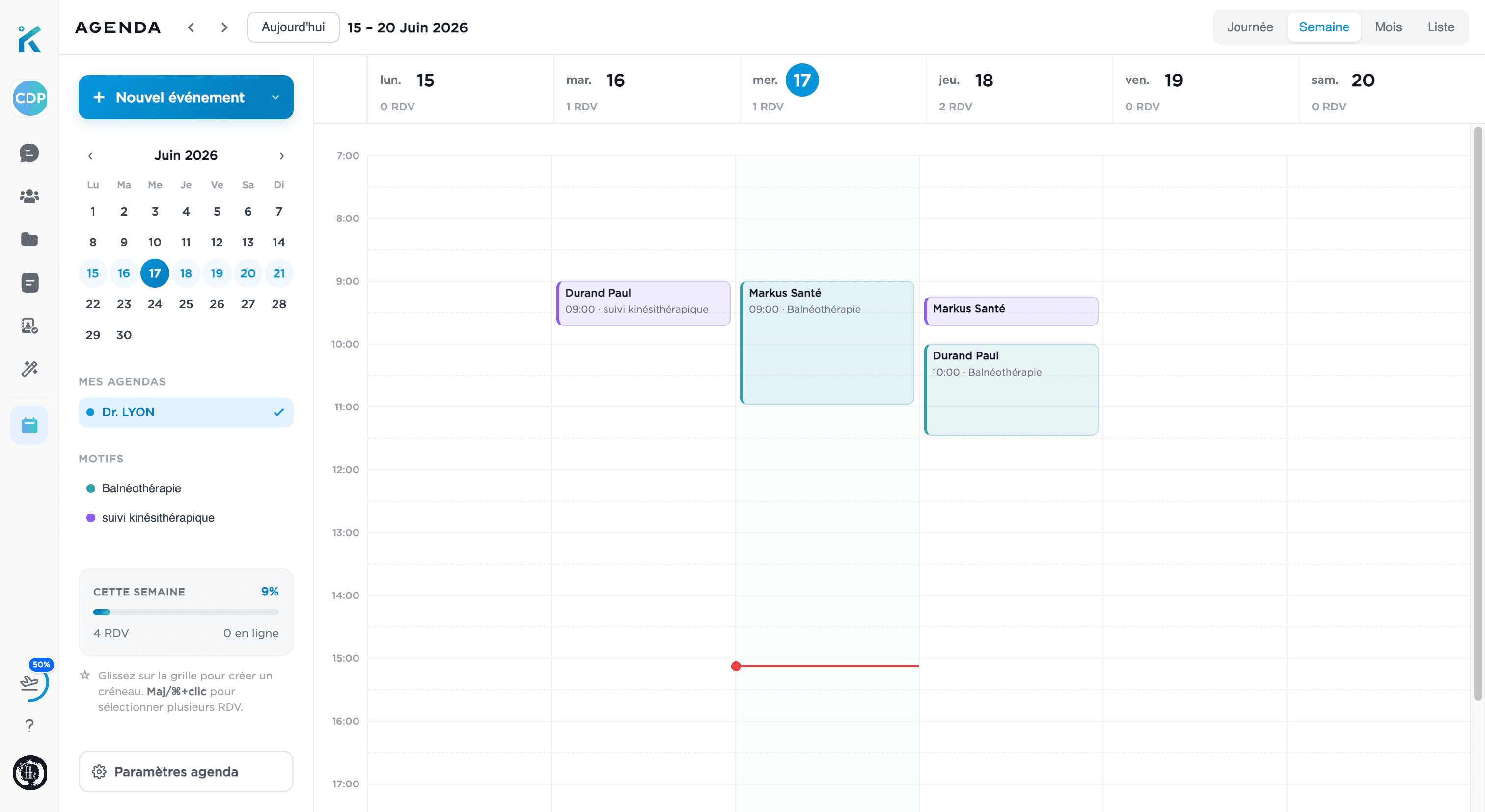 Agenda Markus, vue semaine : rendez-vous par motif de consultation, mini-calendrier, taux de remplissage de la semaine